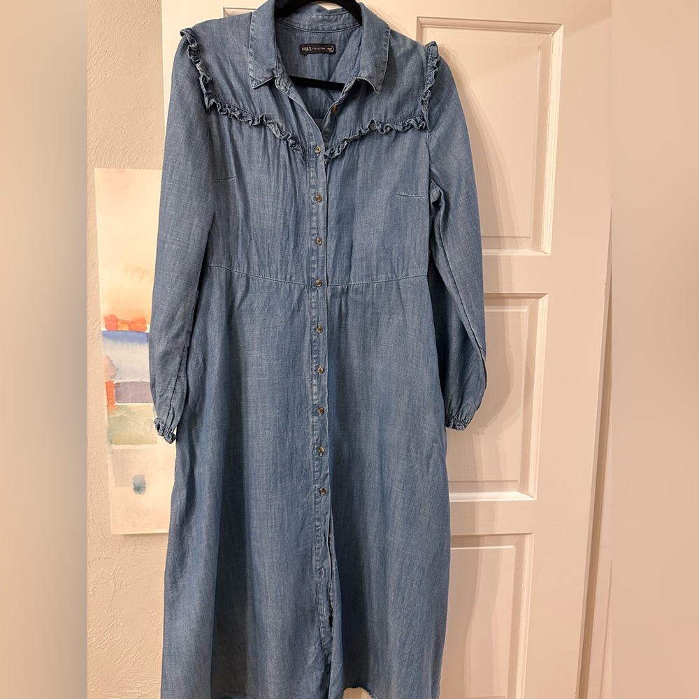 NWOT MARKS AND SPENCER denim button through dress. Frill ‘western’ trim / sleeve